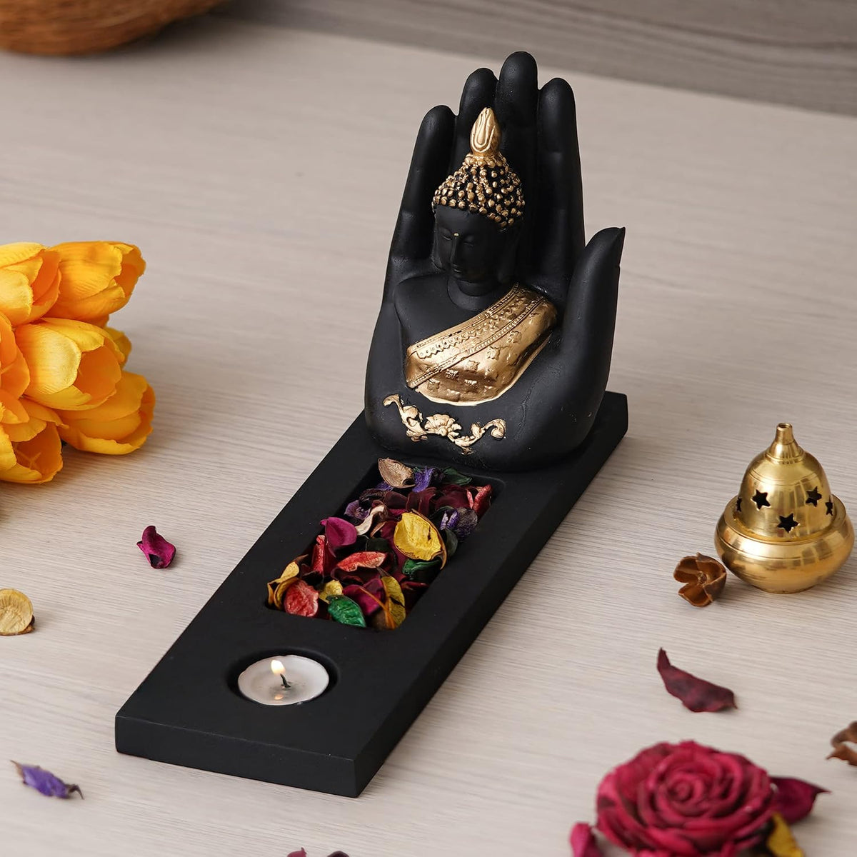 eCraftIndia Gold & Black Polyresin Palm Buddha Showpiece with Rectangle Wooden Base, Fragranced Petals & Tealight