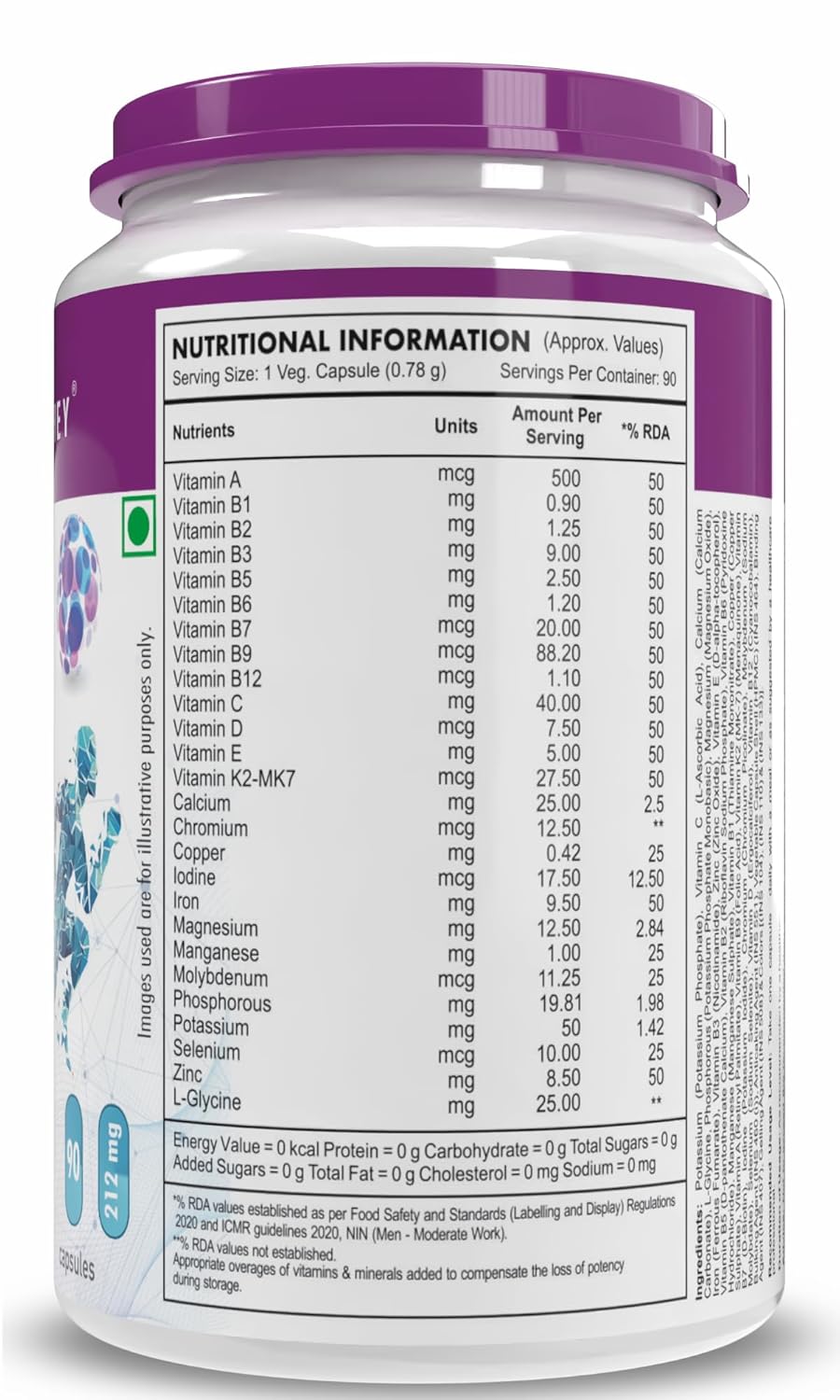 Nutritional information label on a supplement container with a purple lid.
