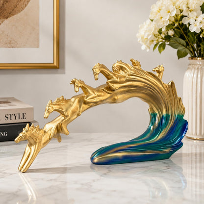 eCraftIndia Golden Running Horse Family Showpiece for Home Décor | Abstract Horse Sculpture with Blue Wave Base | Decorative Figurine for Living Room, Office Table & Gifting