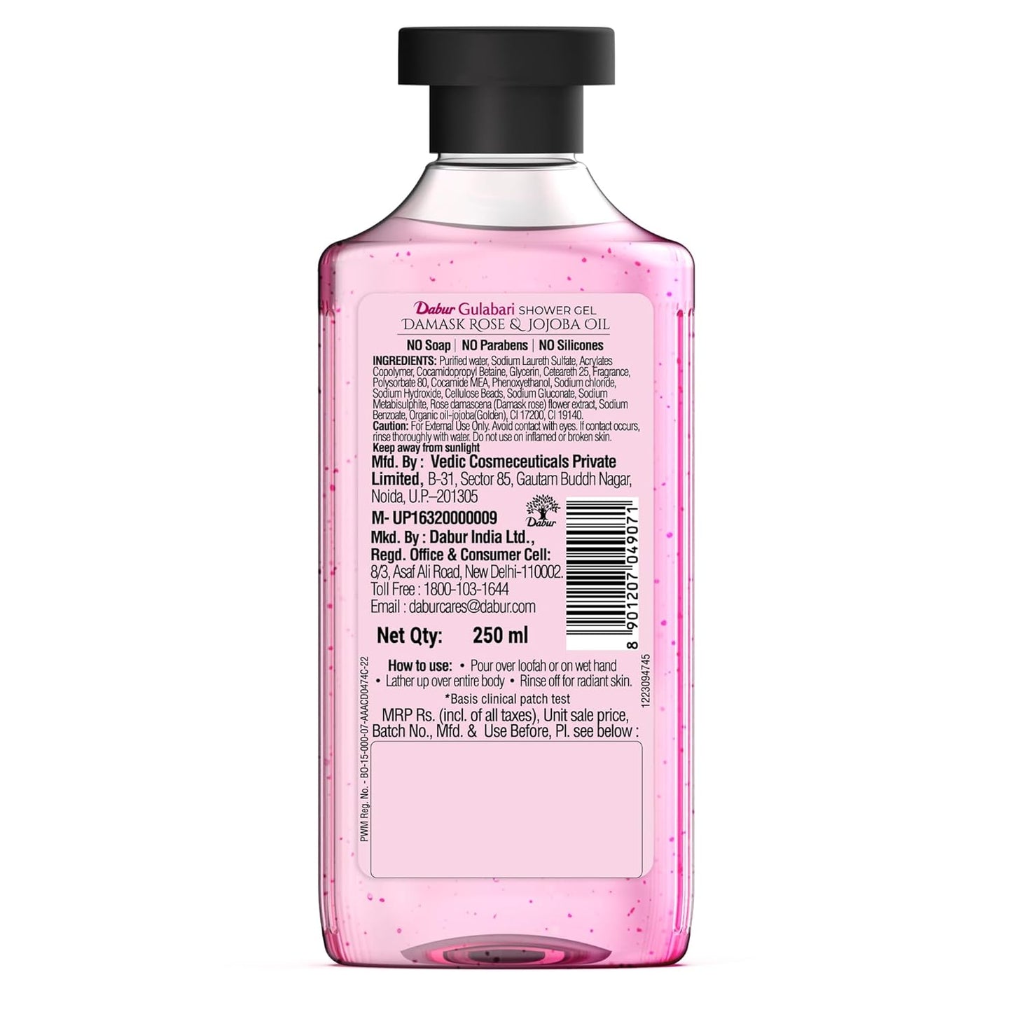 Dabur Gulabari Shower Gel - 250 ml | 99% Pure Glycerine | Gentle Bodywash | Cellulite beads for Exfoliation | 0% Parabens & Soap | No Silicones | With Exotic Damask Rose & Organic Jojoba Oil