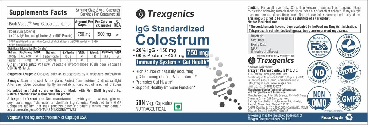 Trexegenics IgG Standardized Colostrum supplement label with branding and certification logos.