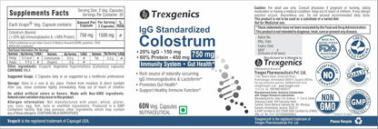 Trexegenics IgG Standardized Colostrum supplement label with branding and certification logos.