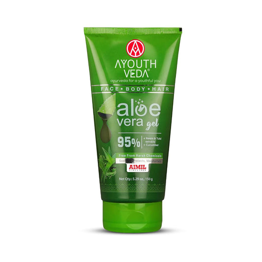 Ayouthveda Aloe vera Gel with 95% Pure Aloe, Neem, Tulsi & Cucumber for Face, Hair & Body | Deep Hydration, Soothing & Skin Barrier Support | Lightweight, Non-Sticky & Multi-Purpose Care | Suitable for All Skin Types | 150g (Pack of 1)