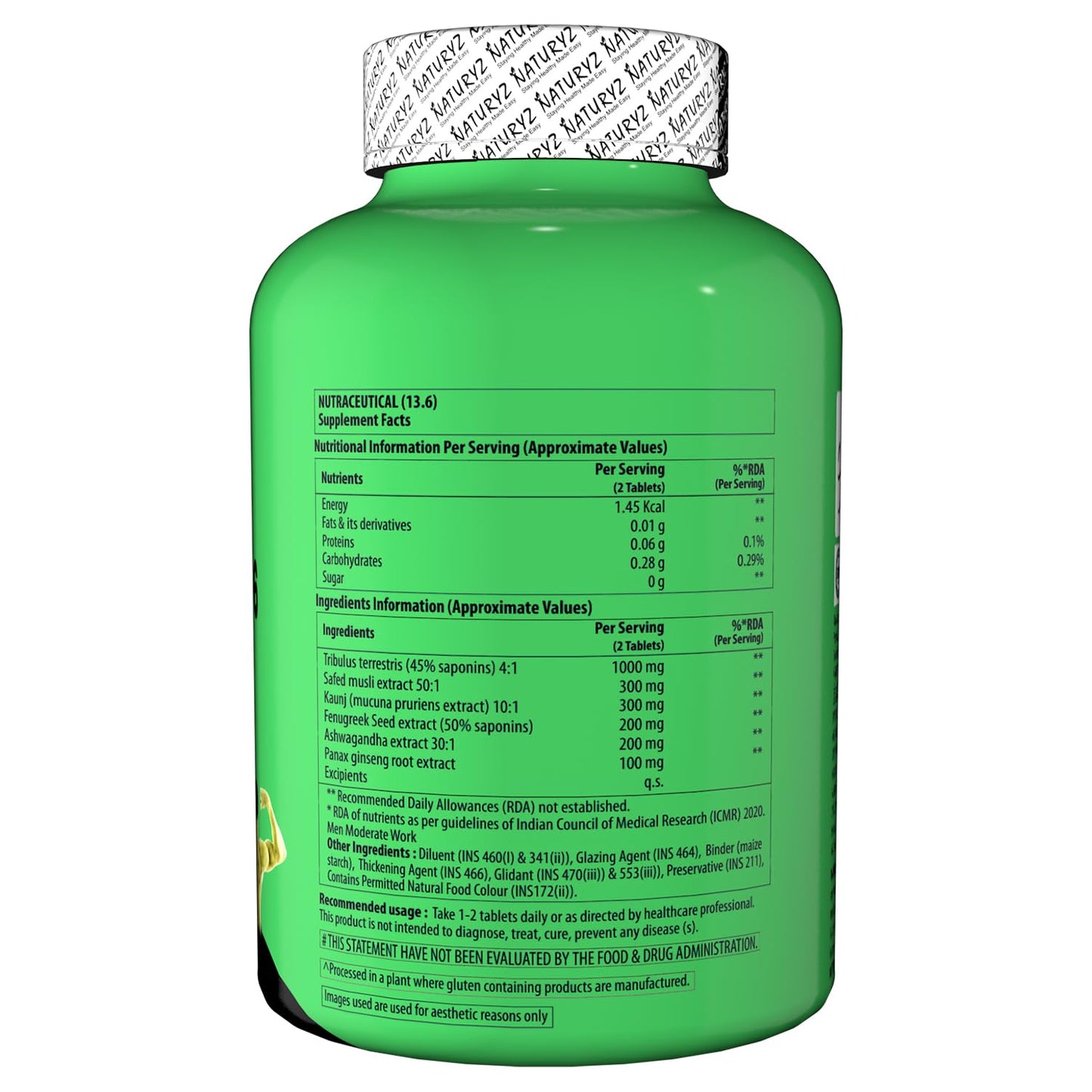 Green supplement bottle with label on a white background