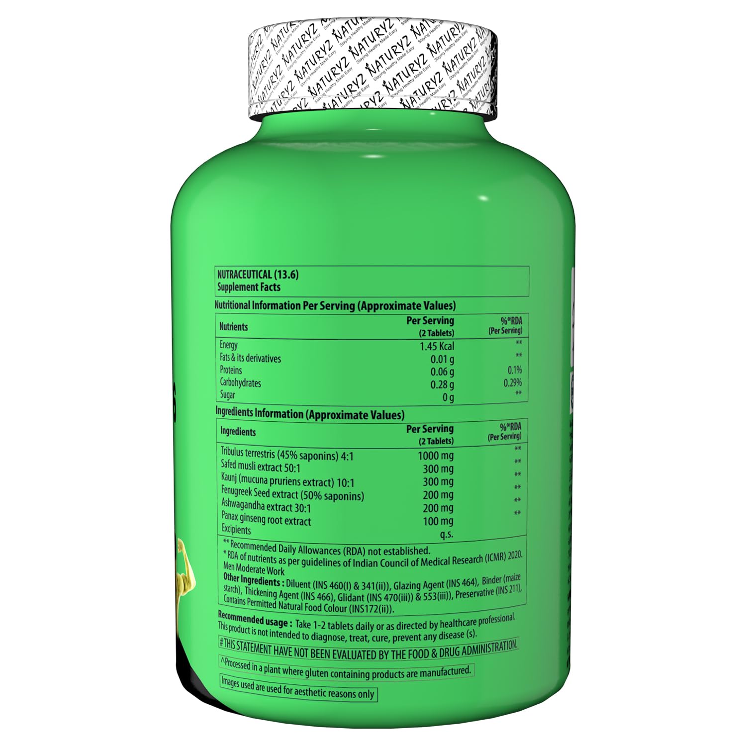 Green supplement bottle with label on a white background