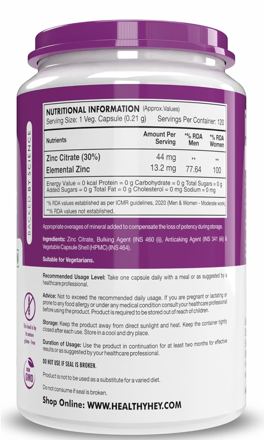 Zephivo HealthyHey Nutrition Zinc Citrate, Supports Immune and Immunity - 120 Veg Capsules

