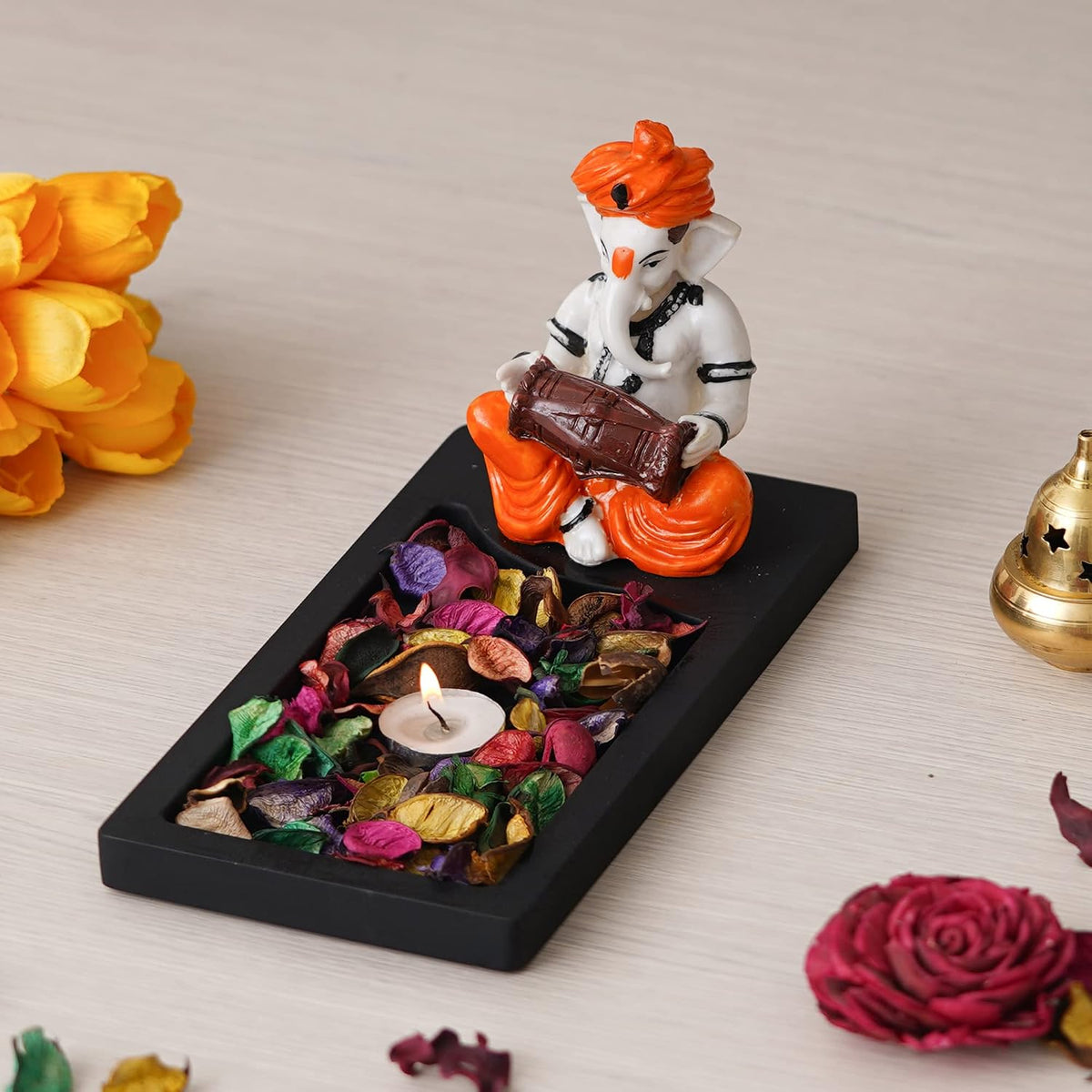 Orange White Resin Lord Ganesha Statue Playing Dholak Showpiece Potpourri Rectangle Tea Light Candle Holder|Ganpati Murti Tea Light Holder Diwali Decoration Item for Home Decor|Diwali Gift