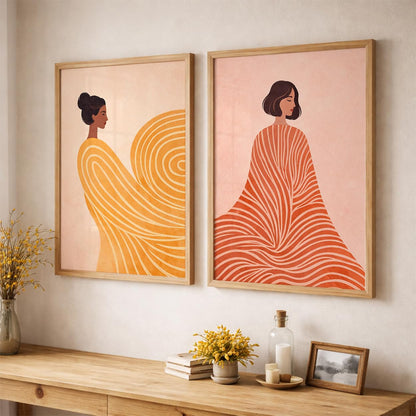 Set of 2 Abstract Woman Framed Wall Painting for Living Room | Modern Aesthetic Wall Art Frame | Minimalist Female Illustration Wall Decor for Bedroom, Hall & Office (M.1, 13x19 inches)