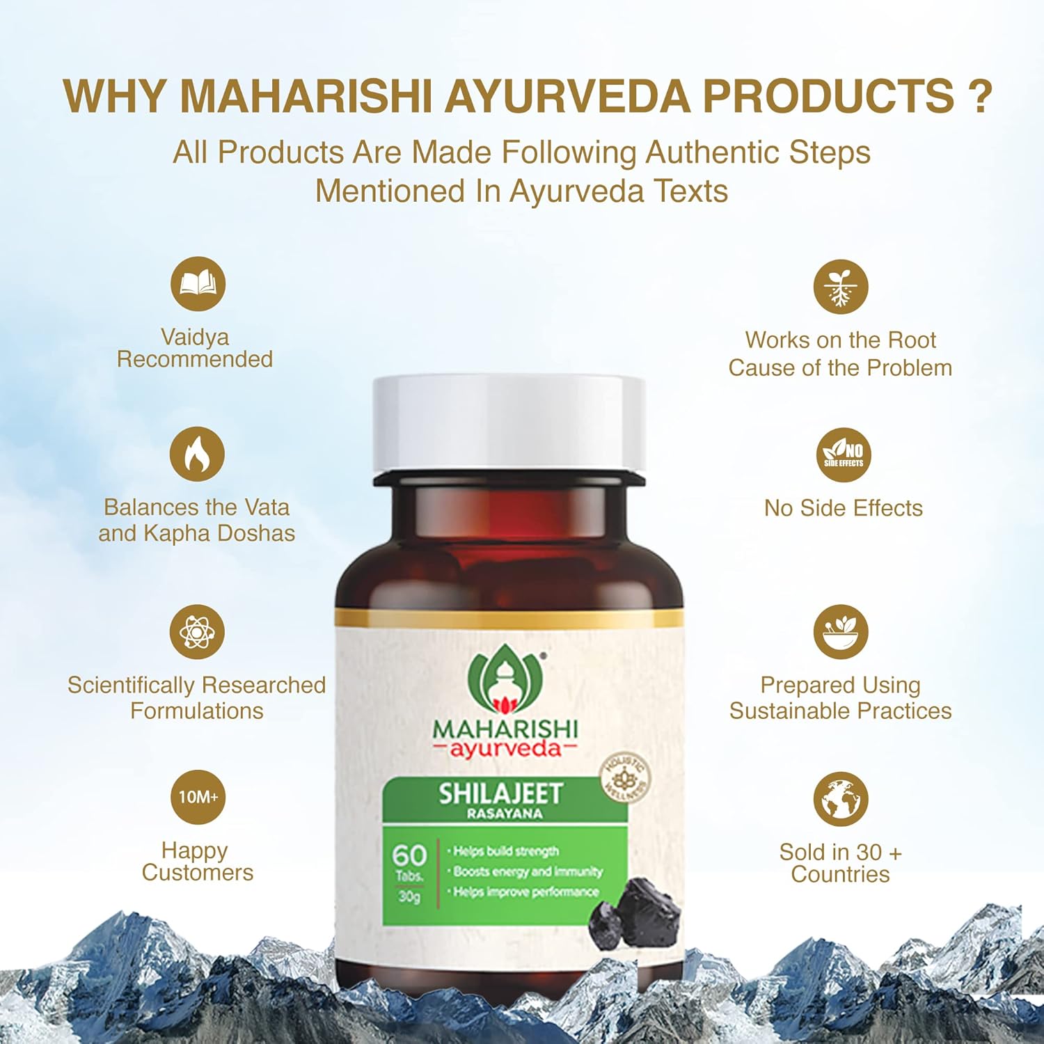 Zephivo Maharishi Ayurveda Shilajeet Rasayana 500 MG | Natural & Pure Shilajit for Strength, Stamina & Endurance | 60 Tablets
