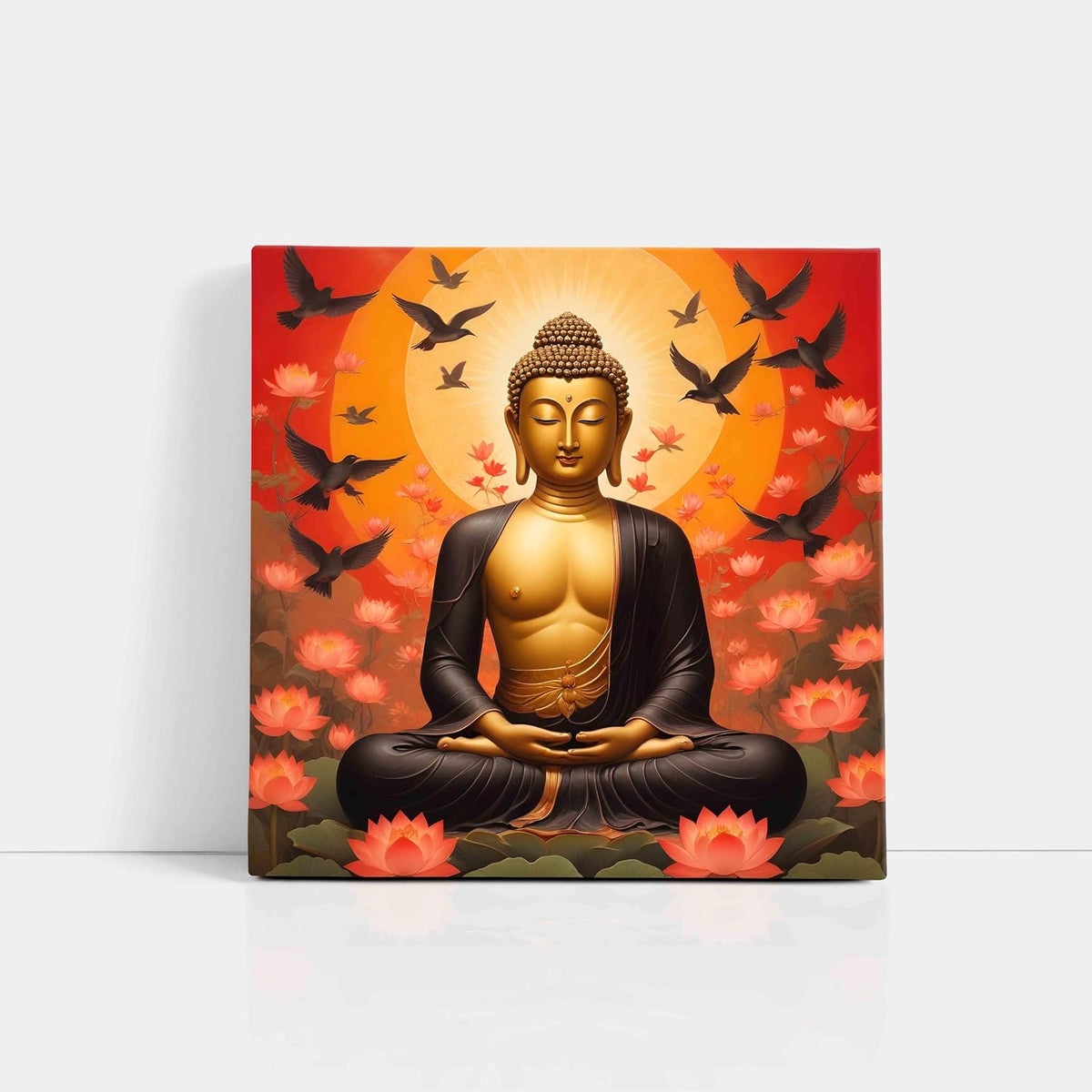 Buddha Wall Art Canvas, Meditation Lotus Flowers, Spiritual Zen Decor with Birds, Orange Sunset Background 16 Inch x 16 Inch CVS-38103