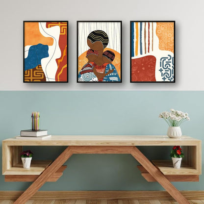 Modern Abstract Madhubani Art Painting with Frame | UV Printed, Scratchless Sparkle Laminated | Paintings for Living Room, Home Decor, Bedroom, Office, Hall, Black Textured Frames, Set of 3