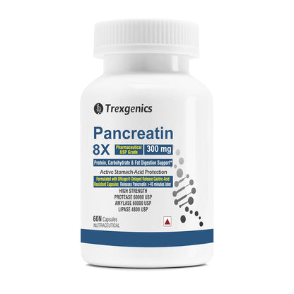 Trexegenics Pancreatin 8X supplement bottle on a white background