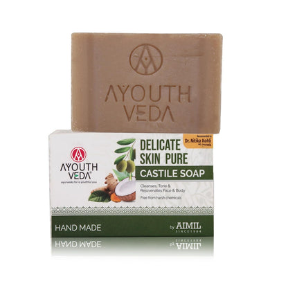 Ayouthveda Delicate Skin Pure Castile Soap | With the Goodness of Tulsi, Neem, Coconut & Olive Oil | Cleanse, Tones & Rejuvenates Skin | Handmade Soap Without Harsh Chemical (Pack Of 1-100Gm)