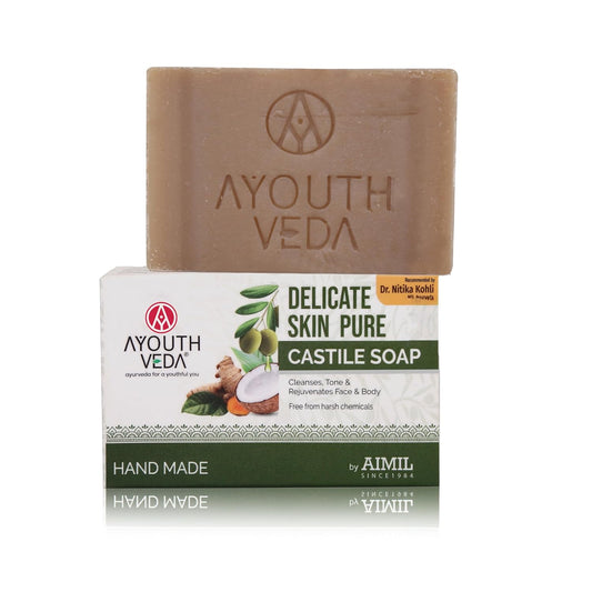 Ayouthveda Delicate Skin Pure Castile Soap | With the Goodness of Tulsi, Neem, Coconut & Olive Oil | Cleanse, Tones & Rejuvenates Skin | Handmade Soap Without Harsh Chemical (Pack Of 1-100Gm)