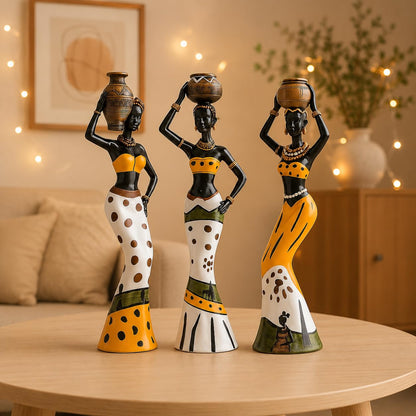 Xtore Beautiful Finish Uniquely Hand Crafted Home Dcor African Tribal Women Art Piece Handicraft Resin (Set of 3, Multicolour)