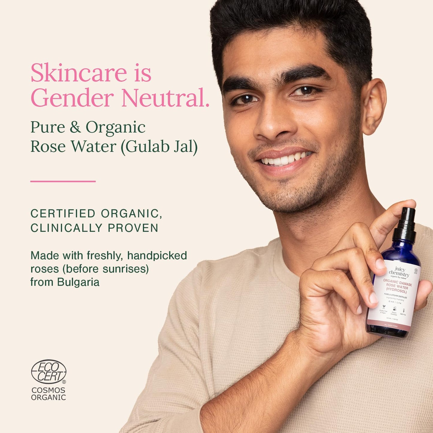 Juicy Chemistry Organic Damask Rose Water (Hydrosol), 100 ml | 100% Pure Steam Distilled | Brightens & Promotes Even Skin Tone | Boosts Skin Hydration | Dermatologically Tested | Clinically Proven