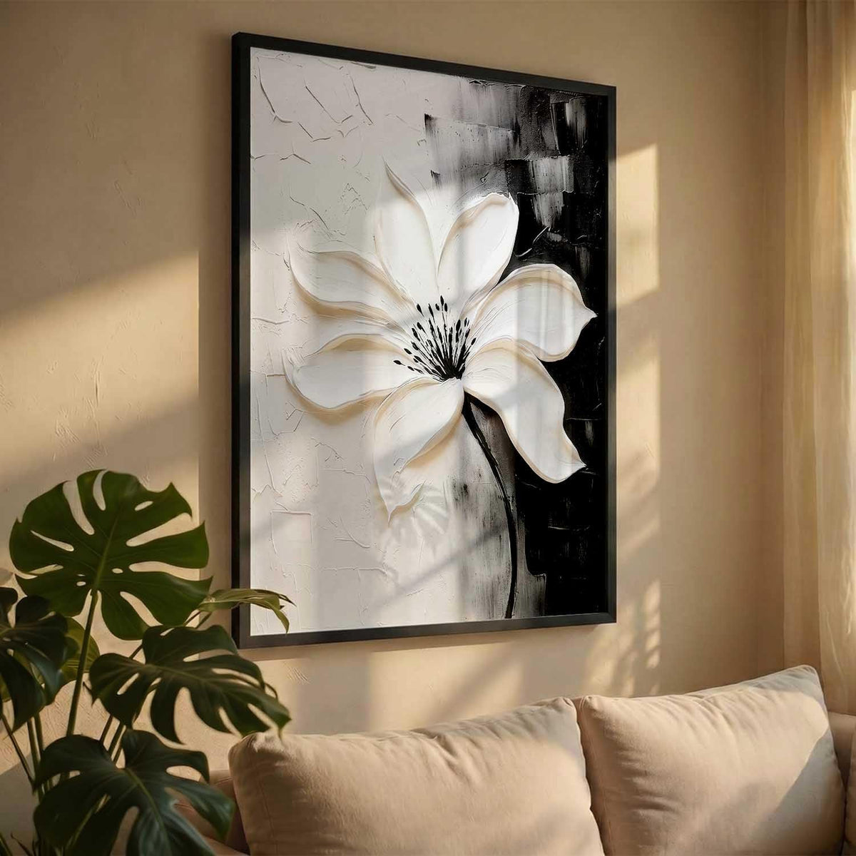 Modern Art Wall Painting Black&White flower Home Decoration With Frame For Living Room Bed Room Hotel Wall Decor Digital Reprint Engineered Wood (13X17 INCH)