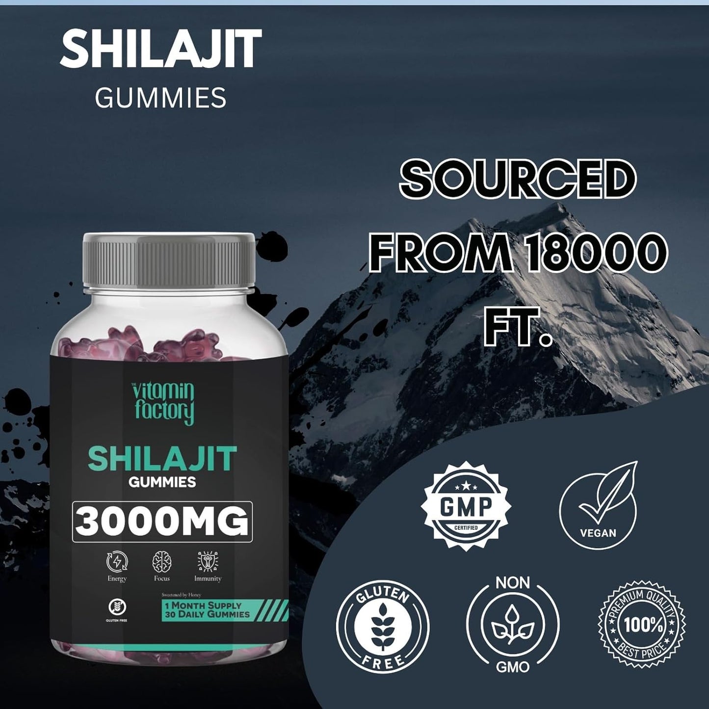 The Vitamin Factory Shilajit Gummies - 30 Gummies, 3000mg per Serving, Natural Himalayan Shilajeet, Boosts Energy & Immunity, 100% Vegetarian, No Added Sugar, Gluten-Free