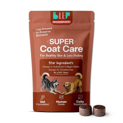 BLEP Super Coat Care - Dog Skin & Supplement, Itchy Skin, Shedding, Dull Coat & Paw Licking | Omega 3, Biotin & Collagen | Fish Oil, Borage Oil & Probiotics | Chicken Chews, 60 g