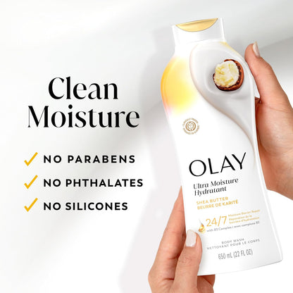 Olay Ultra Moisture body wash held by a hand with product features highlighted.
