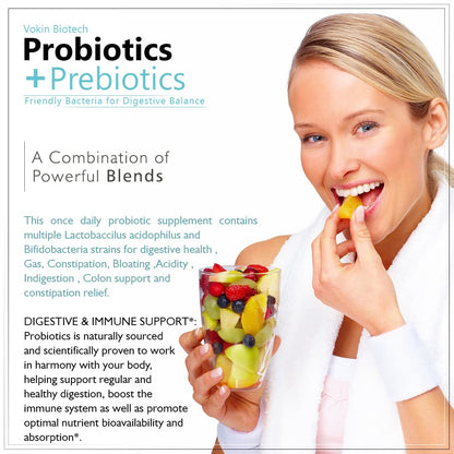 Woman holding a glass of fruit salad with probiotics and prebiotics text overlay