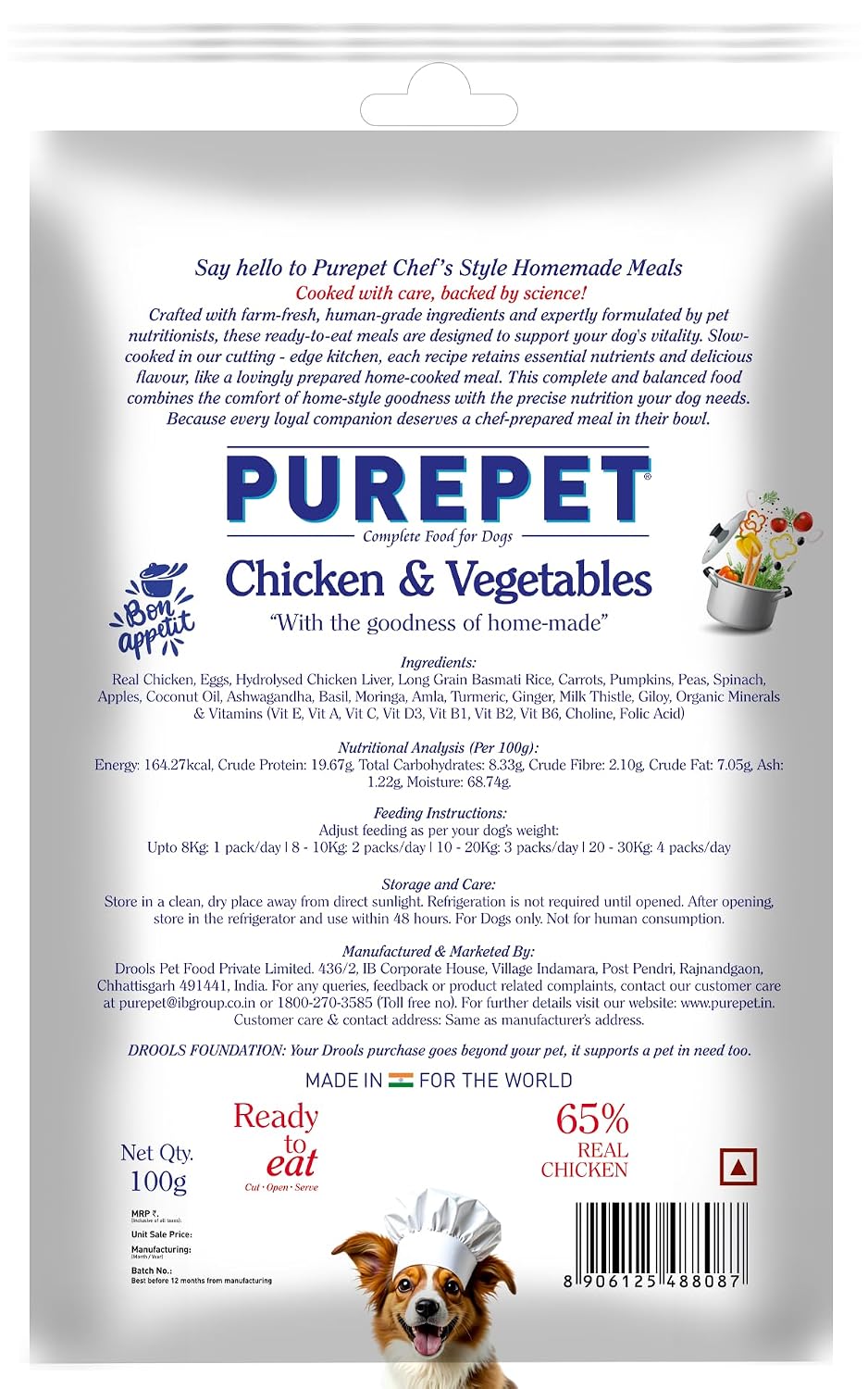 Purepet Fresh Dog Food Chicken & Vegetables, for Adult & Puppy, 100gm | High Protein, 65% Real Chicken, 35% Fruits & Veggies |No Preservatives | Ready to Serve | All Breeds | One Pack One Meal