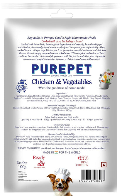 Purepet Fresh Dog Food Chicken & Vegetables, for Adult & Puppy, 100gm | High Protein, 65% Real Chicken, 35% Fruits & Veggies |No Preservatives | Ready to Serve | All Breeds | One Pack One Meal