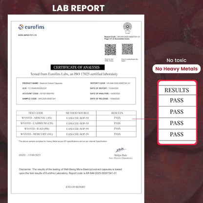 Lab report from Eurofins with certification of analysis on a dark red background