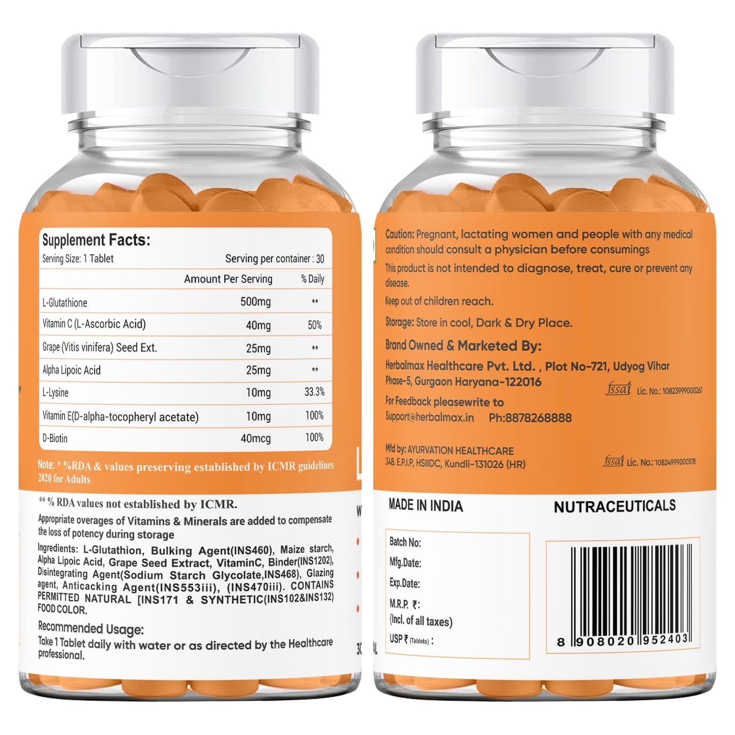 Herbalmax L-Glutathione Tablets with Vitamin C Skin Whitening, Brightening & Radiance Powerful Antioxidant & Immunity Booster Natural Detox Support 30 Tablets