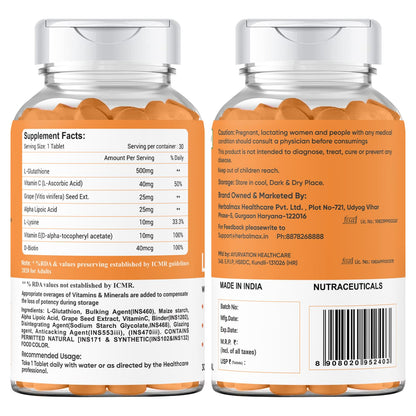 Herbalmax L-Glutathione Tablets with Vitamin C Skin Whitening, Brightening & Radiance Powerful Antioxidant & Immunity Booster Natural Detox Support 30 Tablets