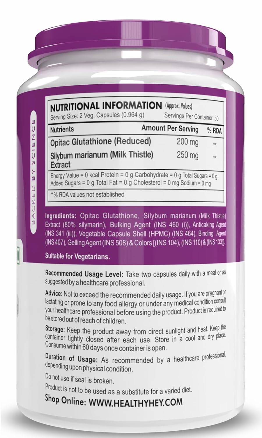 Supplement container with nutritional information label on a white background