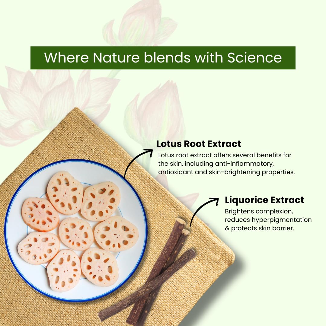 Lotus root slices on a plate with text about natural and scientific benefits