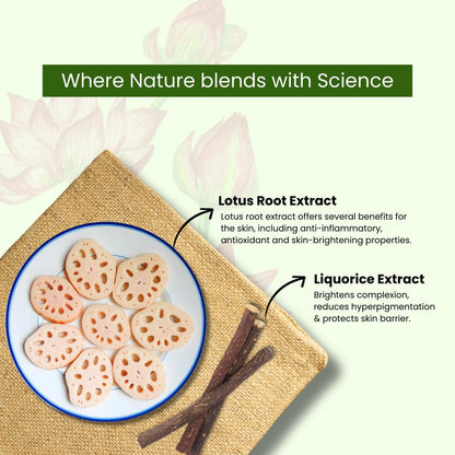 Lotus root slices on a plate with text about natural and scientific benefits