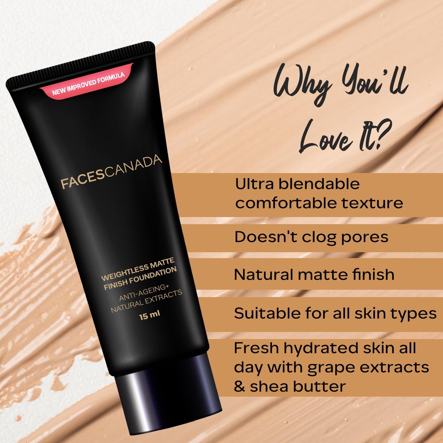FACES CANADA Weightless Matte Finish Foundation - Beige, 15ml | Lightweight | Natural Finish | Anti-Ageing | Non-Clog Pores | Enriched With Olive Seed Oil, Grape Extract, Shea Butter