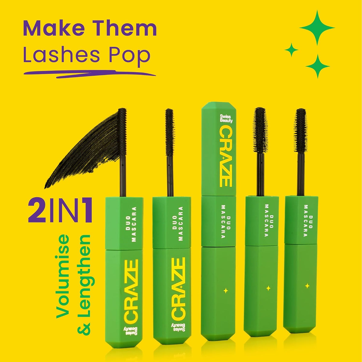 Green mascara tubes with black brushes on a yellow background, featuring the brand 'Craze'.