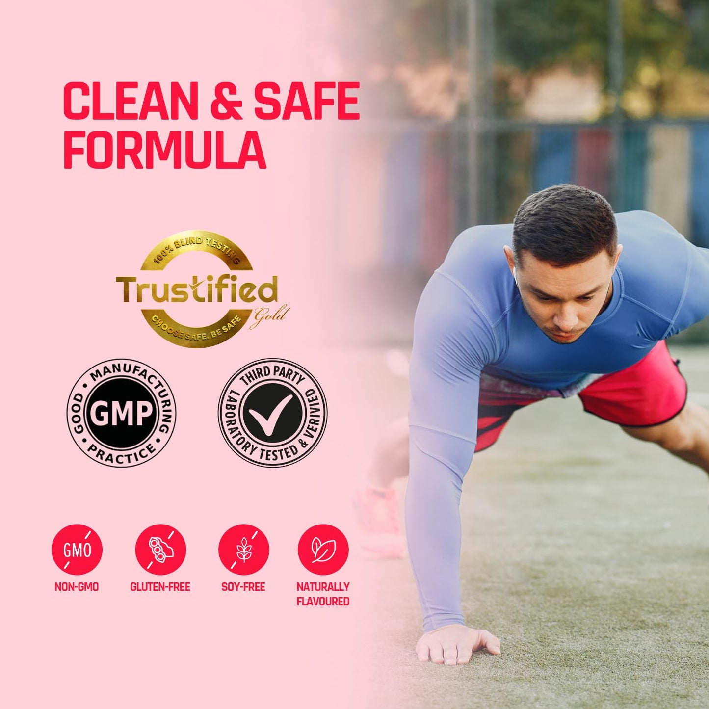 Person exercising outdoors with 'Trustified' product features displayed on a pink background