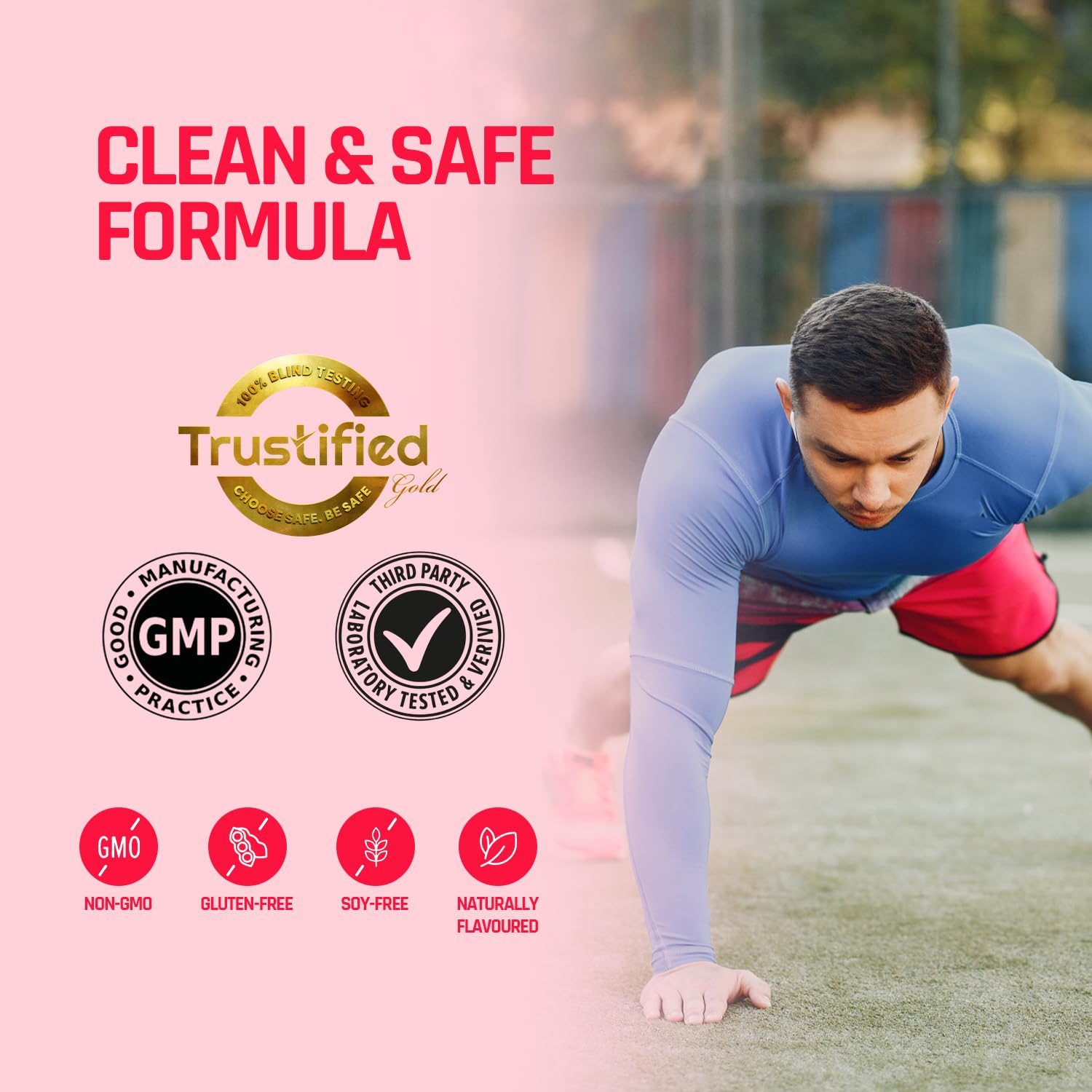 Person exercising outdoors with 'Trustified' product features displayed on a pink background