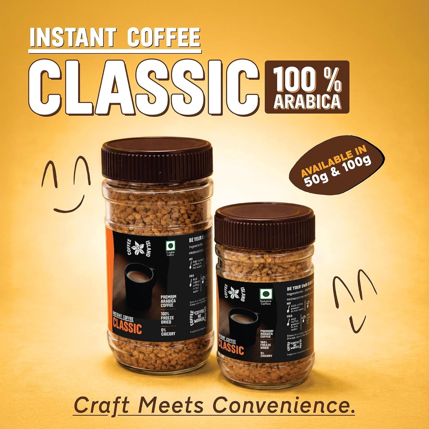 Coffee Island Premium Instant Classic Coffee Jar (100 Gram) | 100% Arabica beans | 0% Chicory | Dark Roast | Freeze Dried Coffee Powder | Rich Bold Flavor for Hot & Iced Drinks | Make Café Style Hot or Cold Coffee, black Coffee, Cappuccino, Latte at Home