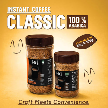 Coffee Island Premium Instant Classic Coffee Jar (100 Gram) | 100% Arabica beans | 0% Chicory | Dark Roast | Freeze Dried Coffee Powder | Rich Bold Flavor for Hot & Iced Drinks | Make Café Style Hot or Cold Coffee, black Coffee, Cappuccino, Latte at Home