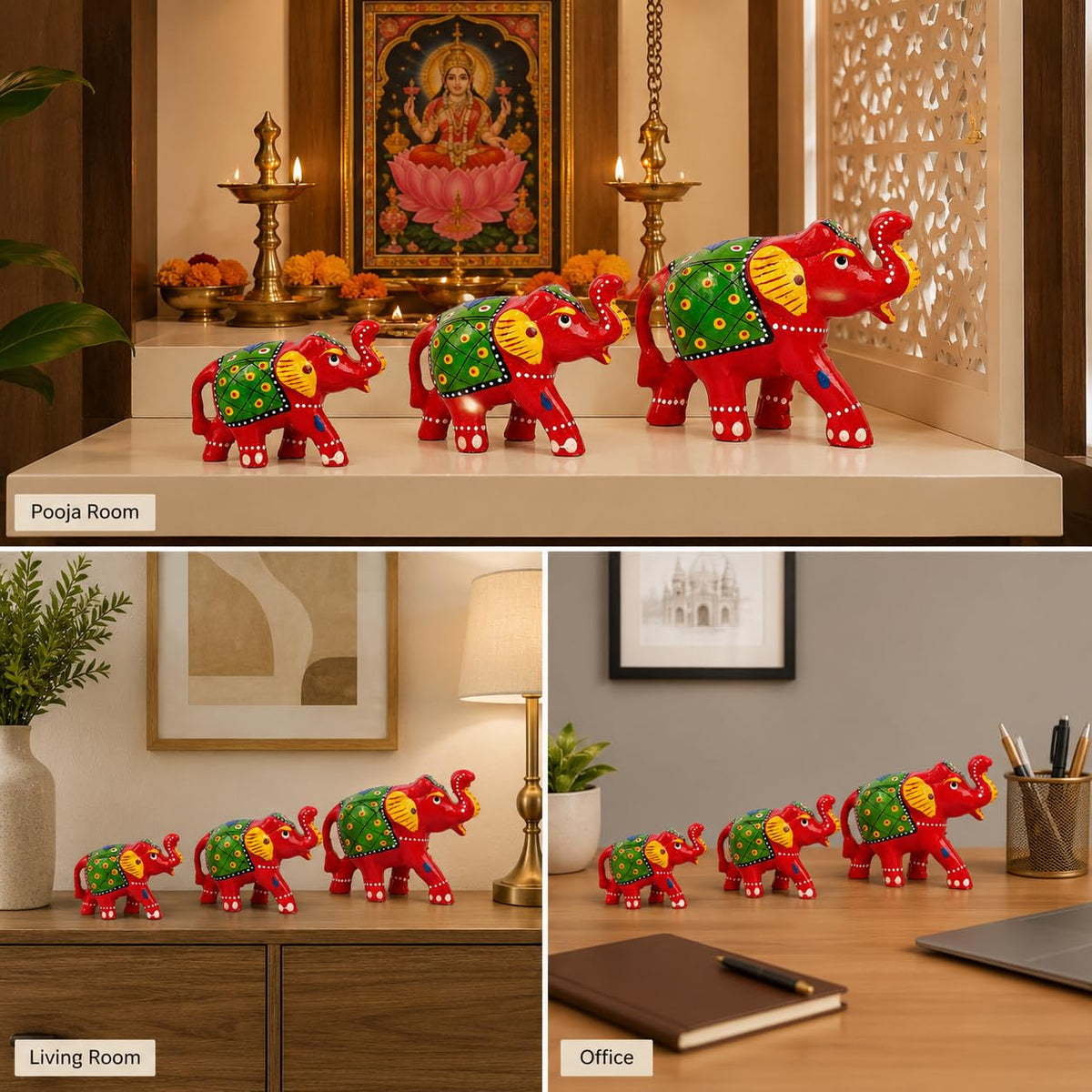 DreamKraft Paper Mache Elephant Showpiece for Enhance Home Decor - Red (Set of 3)
