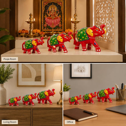 DreamKraft Paper Mache Elephant Showpiece for Enhance Home Decor - Red (Set of 3)