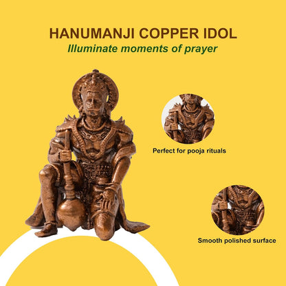 Pure Copper Hanumanji (Bajrangbali) Murti | Handcrafted Copper Idol for Pooja Room, Vastu Decor | Traditional & Auspicious Religious Hindu God Showpiece & Gift Item | 100gm (6x4 cm)