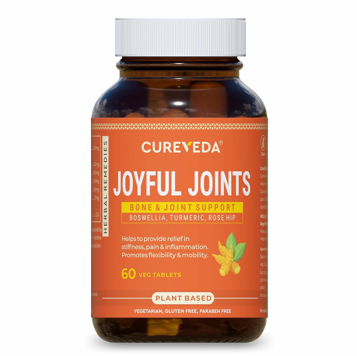 Cureveda Joyful Joints supplement bottle on a white background