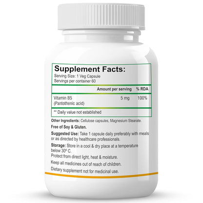 Biotrex Nutraceuticals Vitamin B5 (Pantothenic acid) Supplement | Daily 100% RDA | Energy & Metabolism | Nerve Health | Healthy Cholesterol Levels | Hair, Skin & Nails | Lab Tested | 60 Veg Capsules