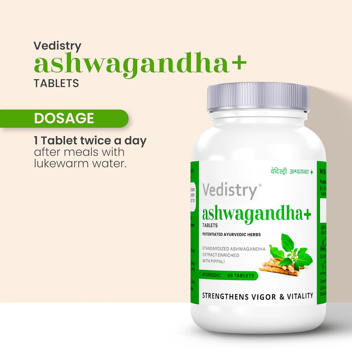 Vedistry Ashwagandha+ Tablets – 60 Tablets | Ayurvedic Tablets for Stamina, Stress, Rejuvenates Mind & Immunity Support with Ashwagandha & Piperine | Natural Supplement for Energy, Vitality, Muscle Recovery & Strength (Pack of 1)