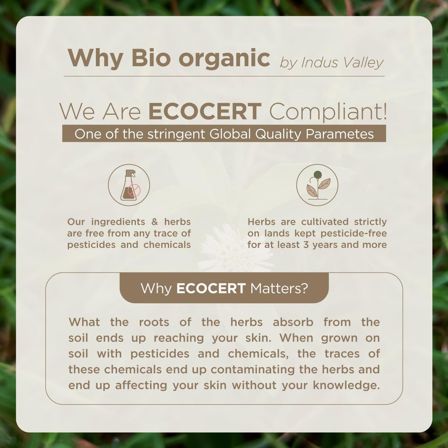 Promotional graphic for Indus Valley's bio organic products, emphasizing Ecocert compliance.