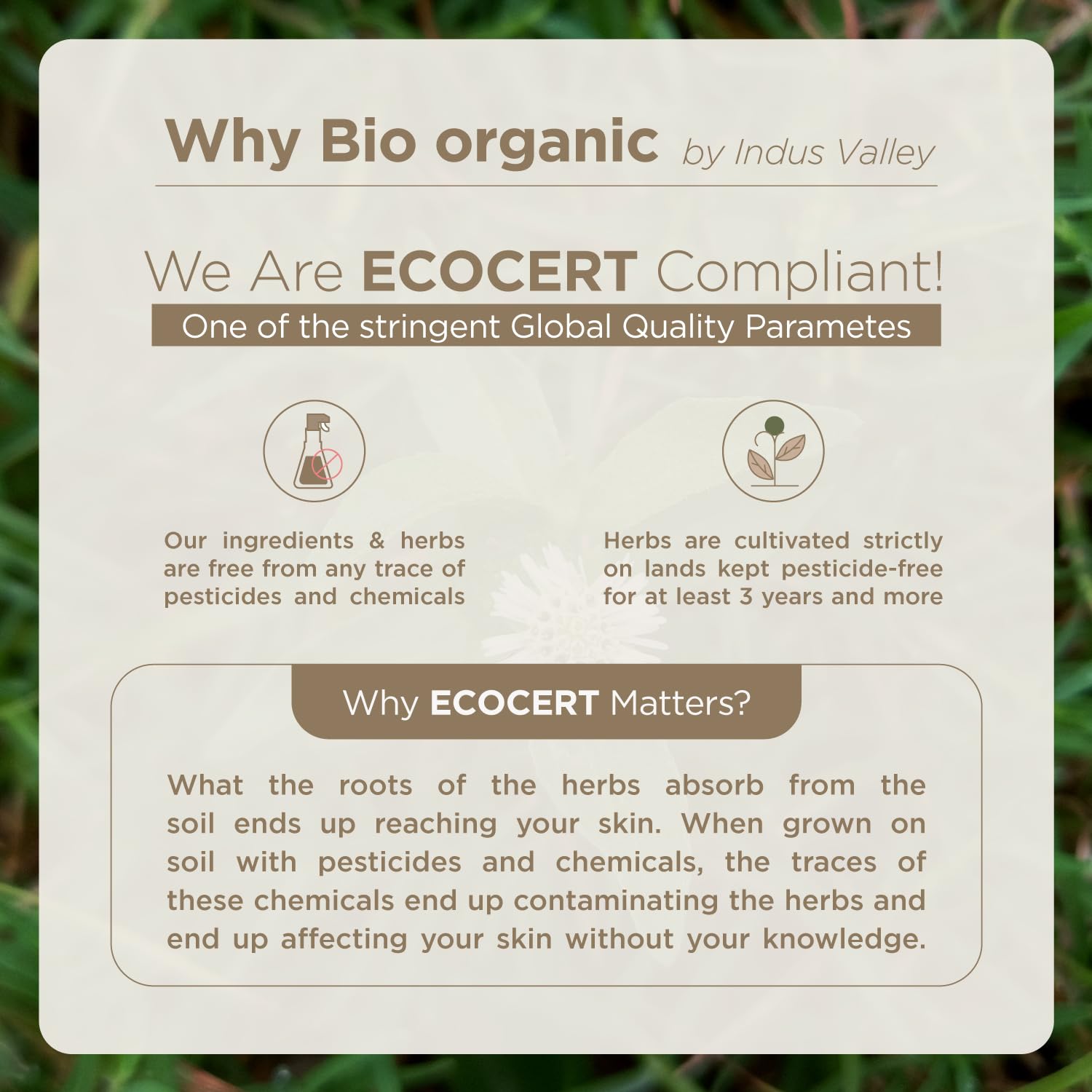 Promotional graphic for Indus Valley's bio organic products, emphasizing Ecocert compliance.