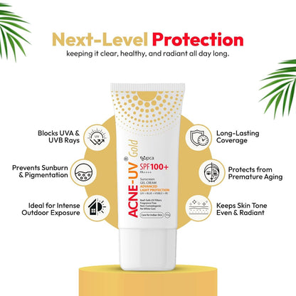 Ipca ACNE-UV GOLD Sunscreen SPF 100+ PA++++ | 30g Oil Free, Non Comedogenic Silicone Gel Sunscreen | UVA/UVB Protection | Water Resistant | No White Cast | Suitable for All Skin Types