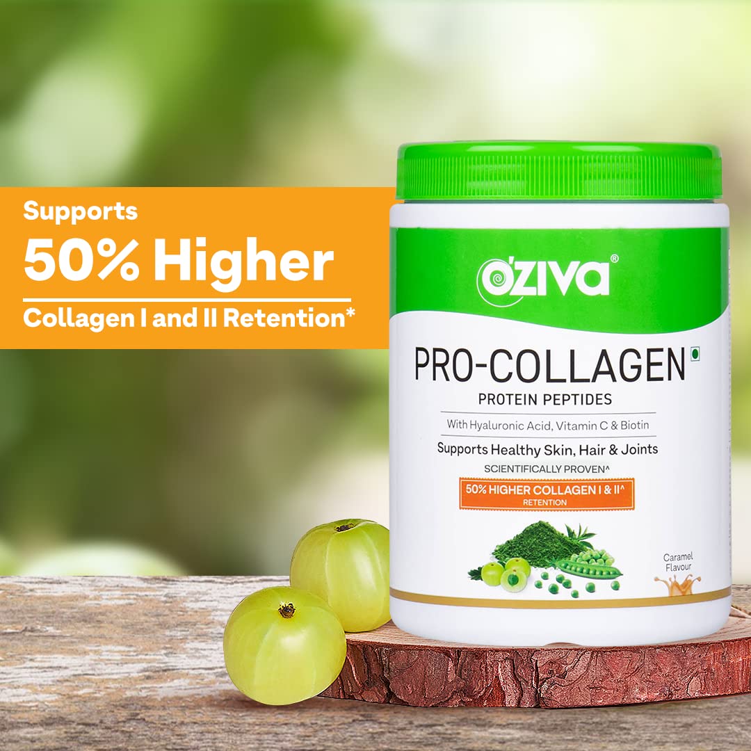 OZiva Pro Collagen Peptides Caramel, 250g (Type I & Type II) | Whey Protein & Collagen Builder Peptides for Healthy Skin & Hair Muscular & Joint Health | Powder for Women & Men, Caramel, Pack of 1