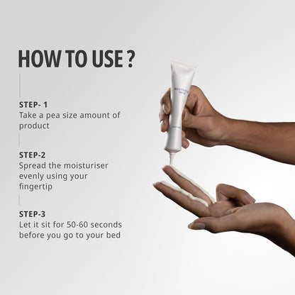 Step-by-step guide on how to use a skincare product with text and hands applying cream.